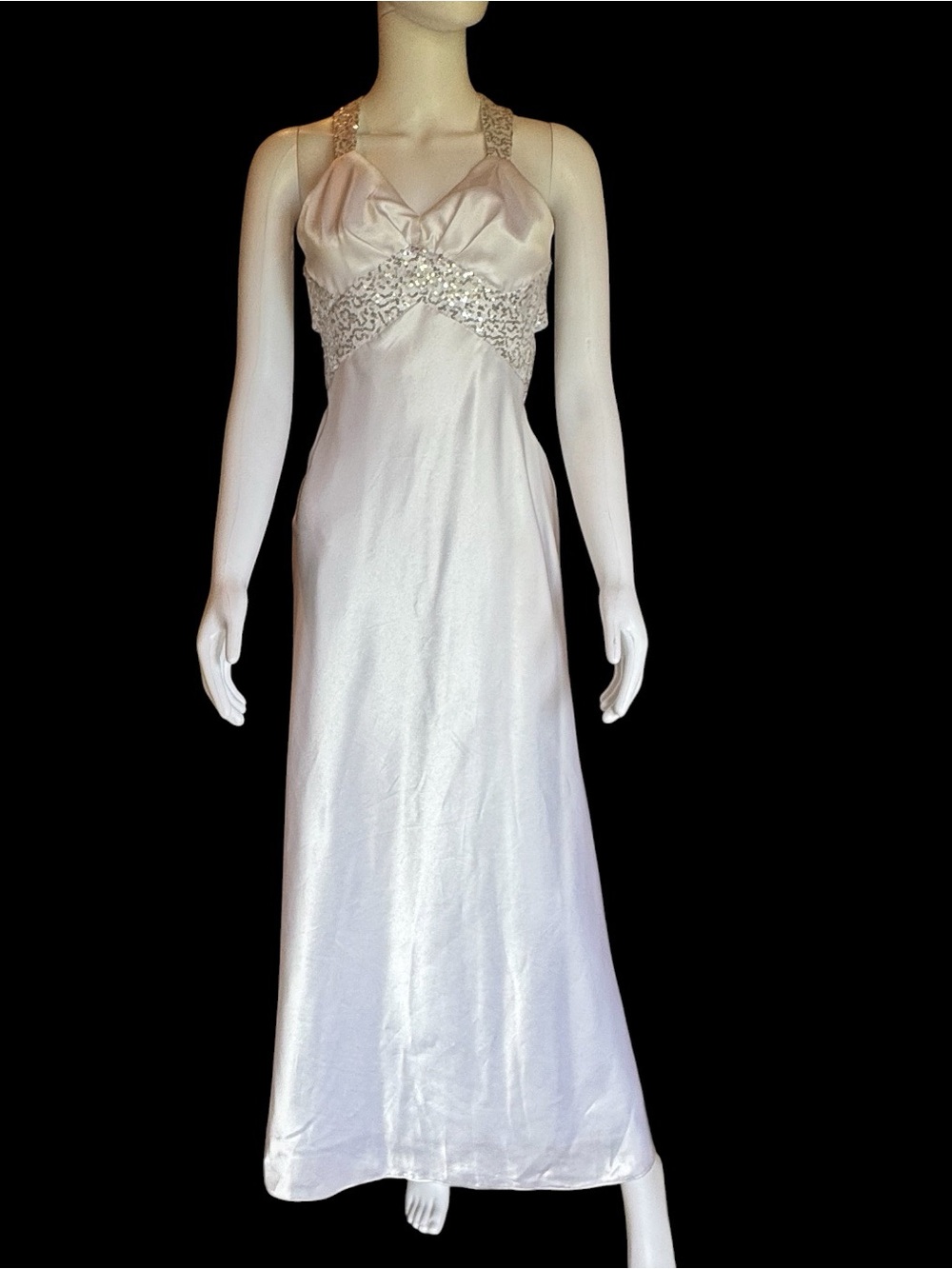 Satin White Halter Evening Gown with Beaded Waist